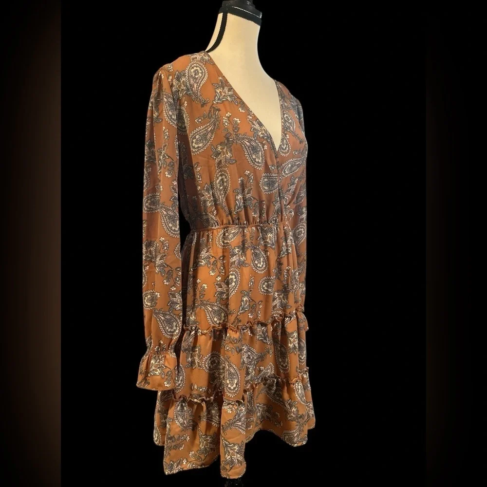 Inspired Hearts Long Sleeve Paisley Dress - Brown